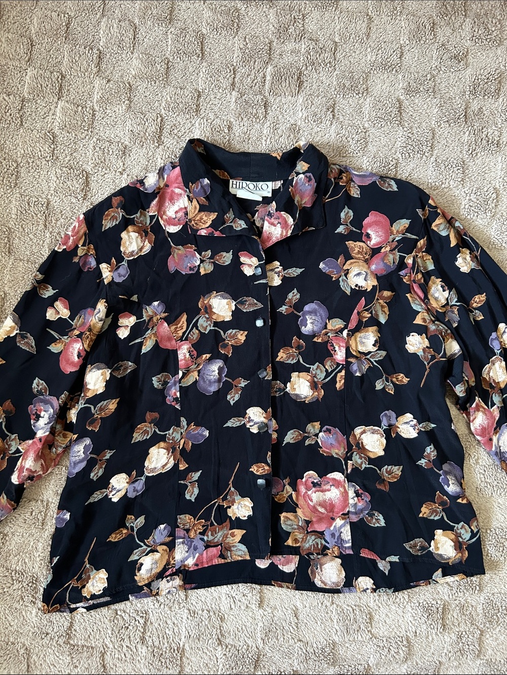 Vintage Hiroko Floral Blouse Black Oversized Button Front Top Women’s L